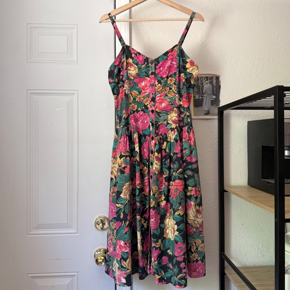 STARINA vintage muticolor rose floral v-neck full a-line skirt midi sundress